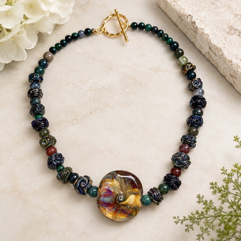 Artisan Lampwork Glass Bead Necklace 18" Iridescent Focal Pendant Gemstone OOAK